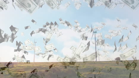 falling money animation over wind turbines in grassy landscape