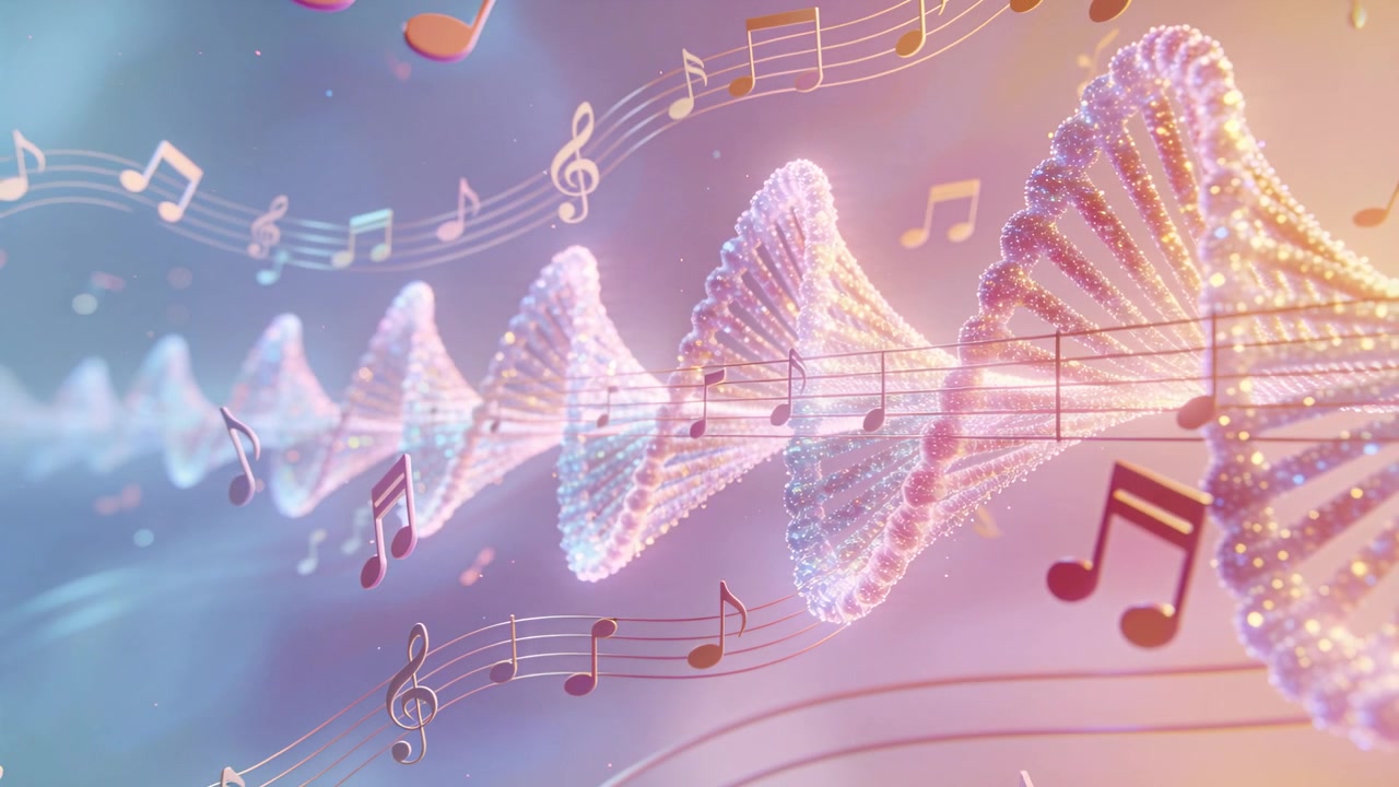 Initierer nodesystemlinjer, der driver helix, bølgende i pastelgradient, visualiserer melodi.