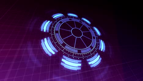 interfaz de tecnología hud girando y pulsando imágenes de video de animación renderizadas en 4k en colores azul púrpura.