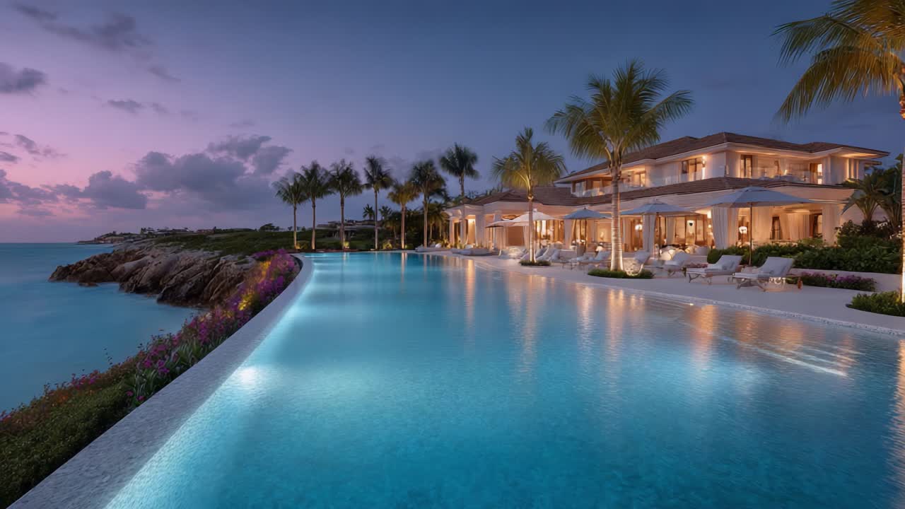Stunning Oceanfront Infinity Pool at Twilight: A Luxurious Evening Scene Capturing the Serene Beauty of a Tropical Villa Surrounded by Palm Trees and Soft Illuminations