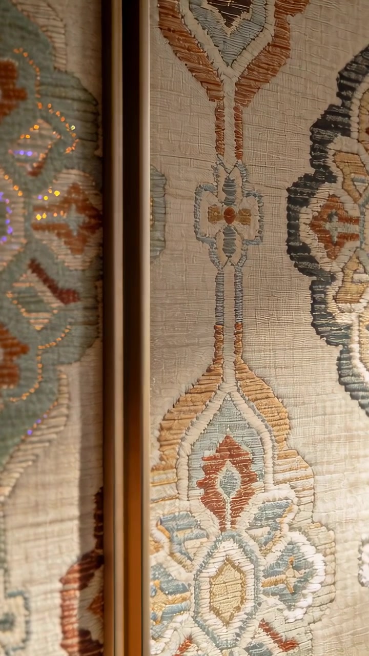 Video verticale: Visuale che si sposta mostrando finiture che dividono pannelli in casa, lampada calda che enfatizza le paillettes.