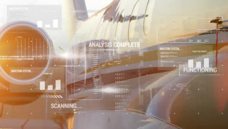 motor de aeronave con análisis de datos y animación de escaneo sobre él