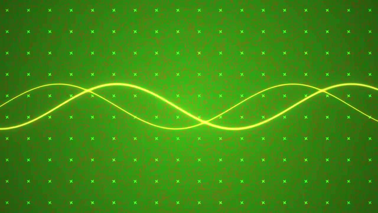 Onde sinusoidali al neon luminose che si muovono su uno sfondo a griglia verde