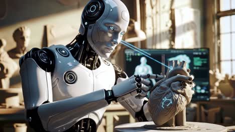 A robot artisan skillfully sculpts a detailed heart from clay inside a bright workshop. The workspace is filled with various sculptures and tools, showcasing advanced technology and creativity.