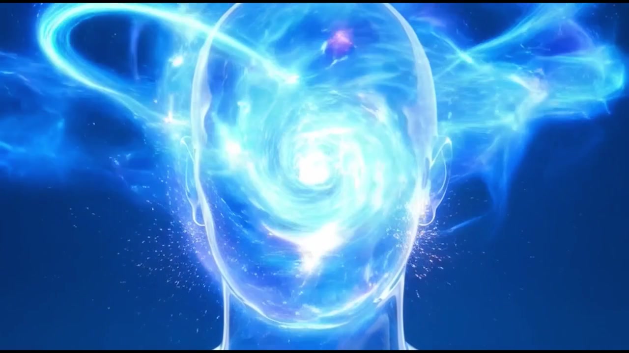 Testa umana digitale con energia blu vorticosa e concetto di IA