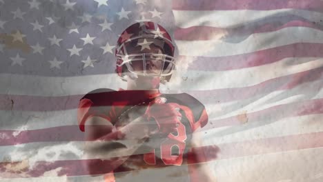 animation of usa flag and clouds over american football player