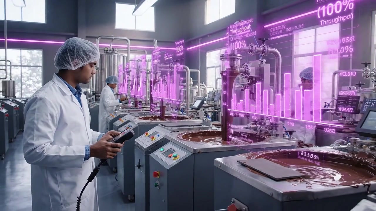 Engineers Monitoring Chocolate Production with Holographic Data in Modern Factory
