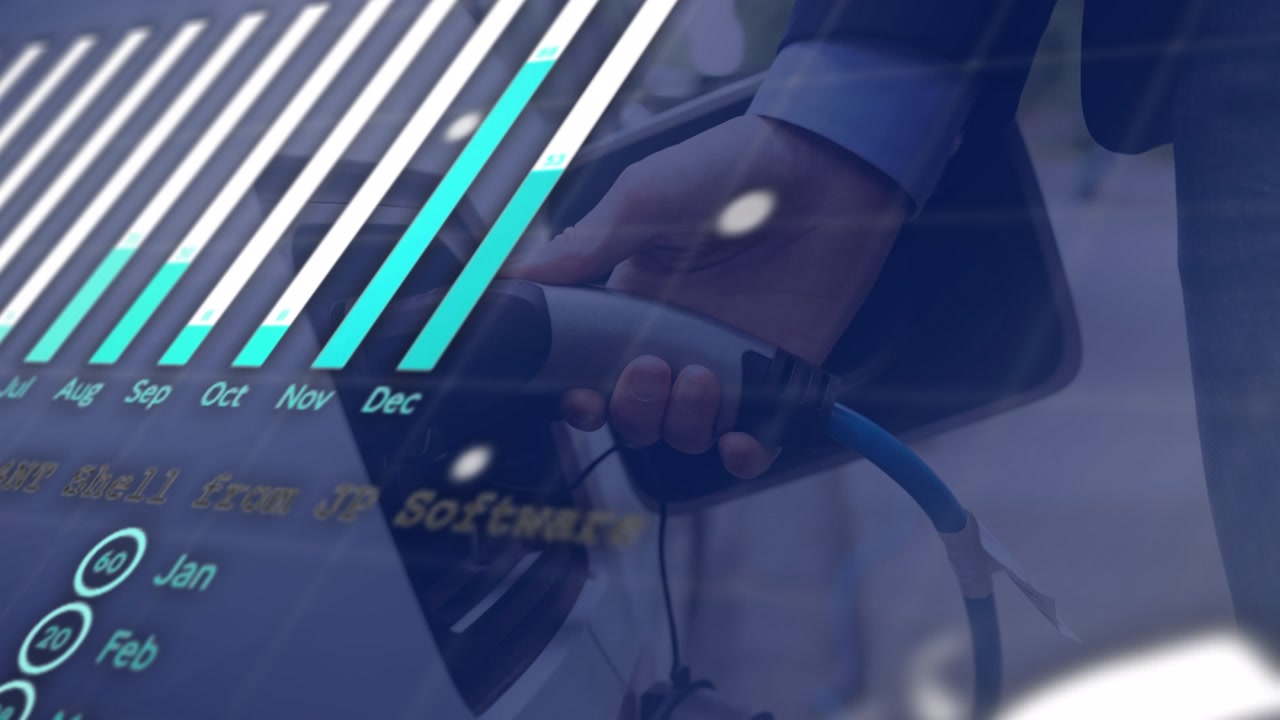 Animation of graphs and data processing over hand of caucasian man charging electric car