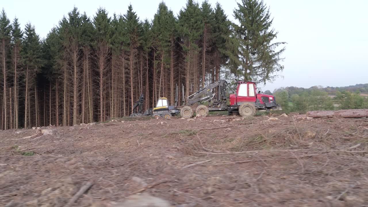 Heavy Machines In Deforestation - Drone truck Shot