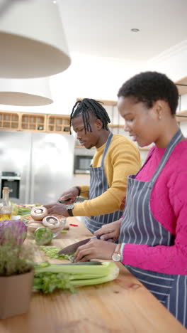 vertical video of happy african american couple preparing meal in kitchen, slow motion
