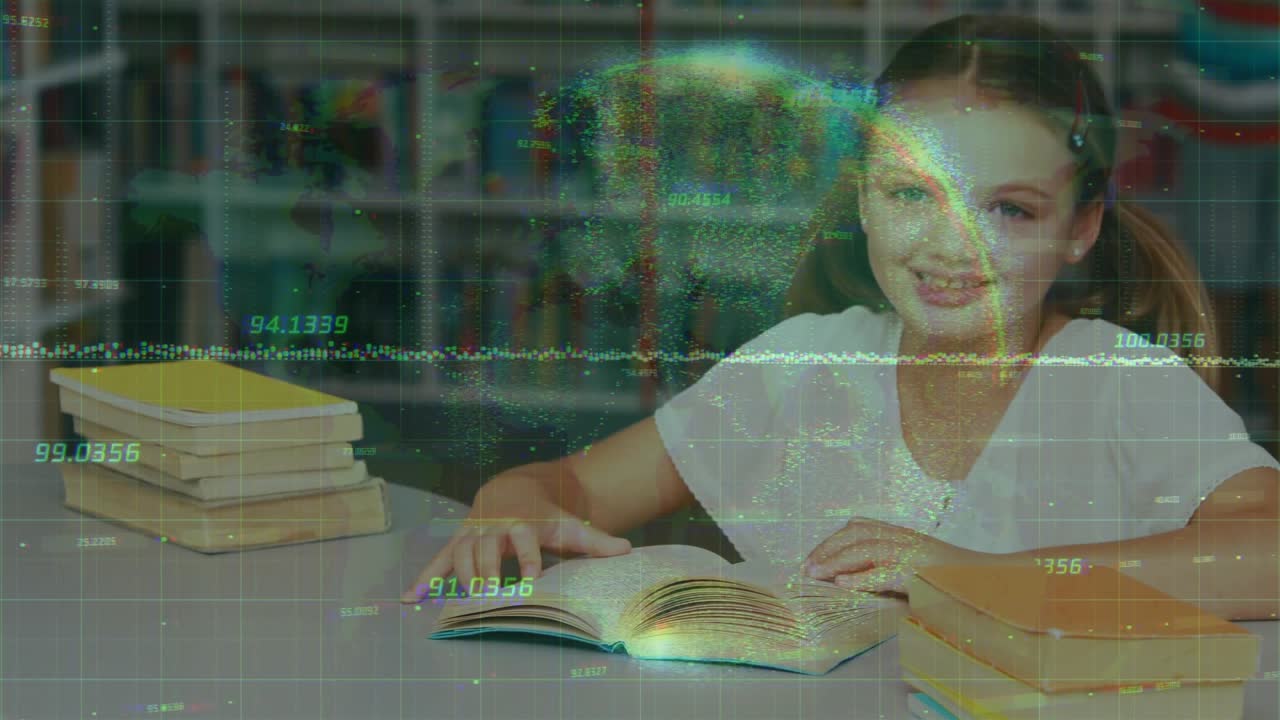 Student reading, turning pages in library, hand initiating turns, numeric overlay lasting for study