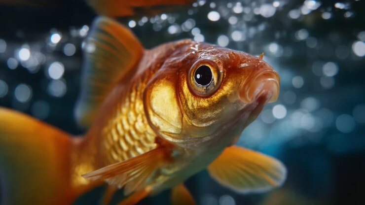 Nahaufnahme eines schimmernden Goldfisches, der anmutig in einem Aquarium schwimmt, wobei funkelnde Blasen im Wasser eine faszinierende Unterwasserszene erzeugen