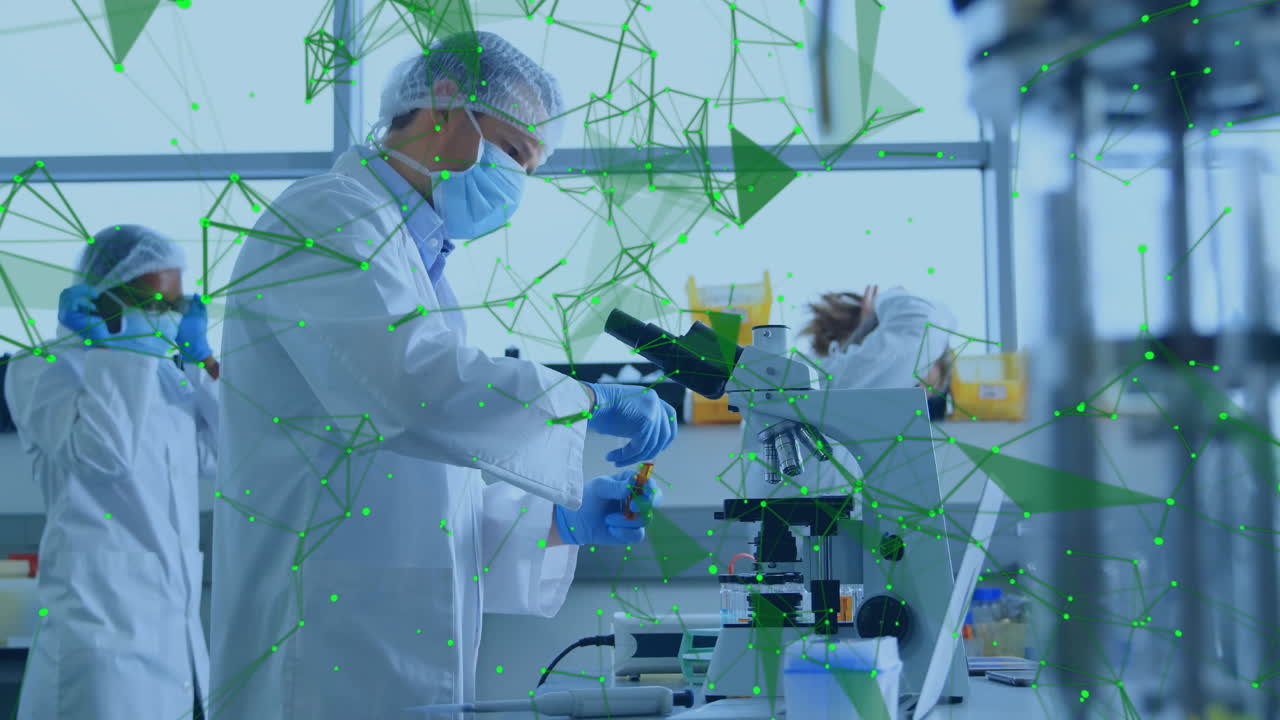 Animation of network of connections over caucasian male scientist in laboratory