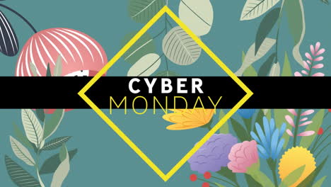animación digital del banner de texto de cyber monday contra diseños florales en un fondo verde