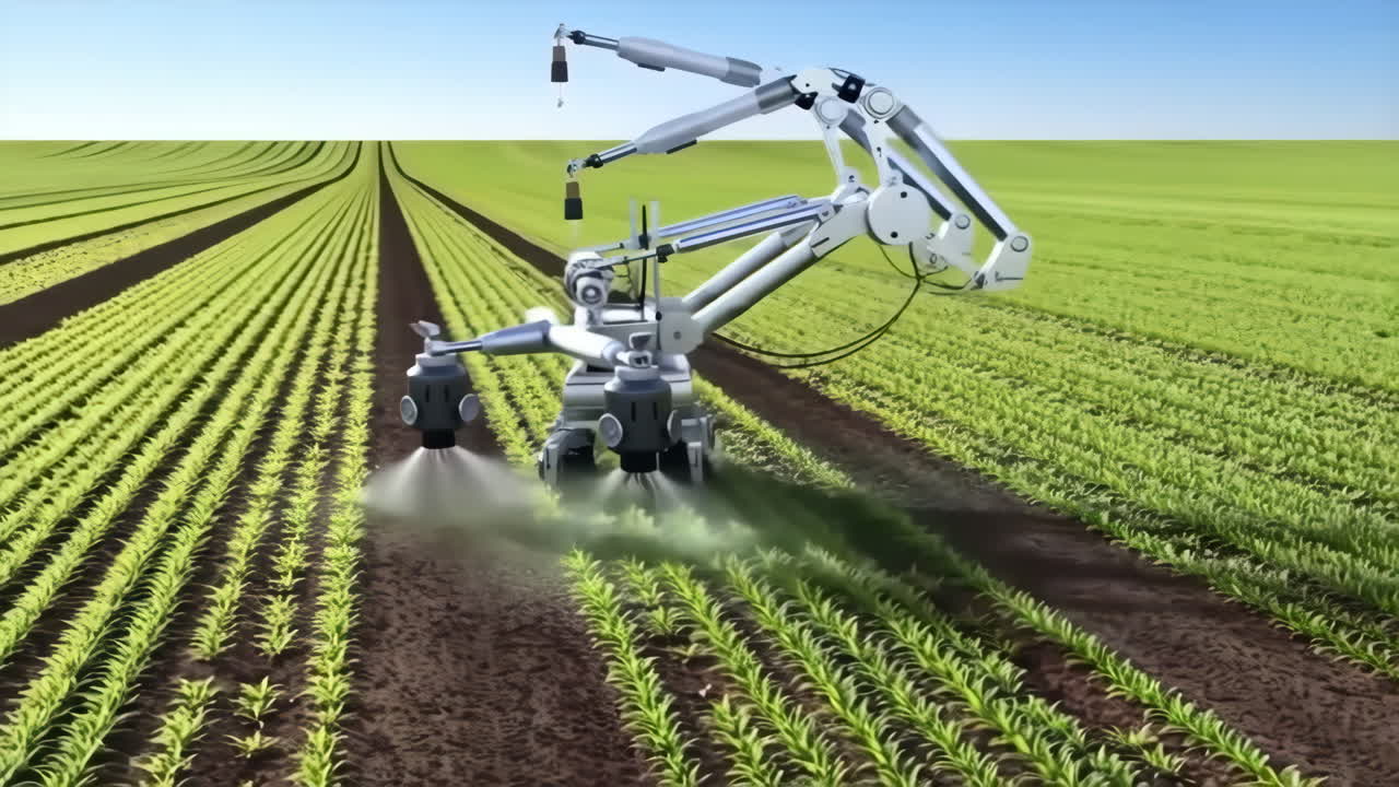 Autonomous Robot Sprays Crops in a Green Agricultural Field | Premium ...