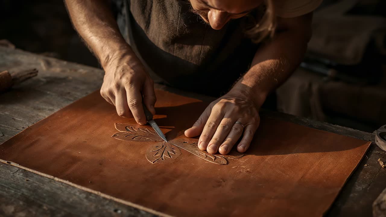 Un abile artigiano con un grembiule scuro, intento a intagliare un motivo floreale su cuoio a un logoro banco da lavoro in legno, rifinendo il suo lavoro