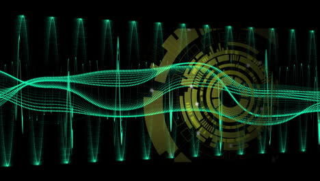 animation of green waveforms intertwining with digital patterns over circular design