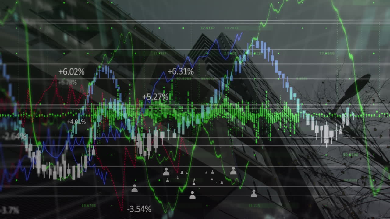 금융 데이터 처리 및 프로필 아이콘의 애니메이션 고층 건물의 낮은 각도 뷰에 대해
