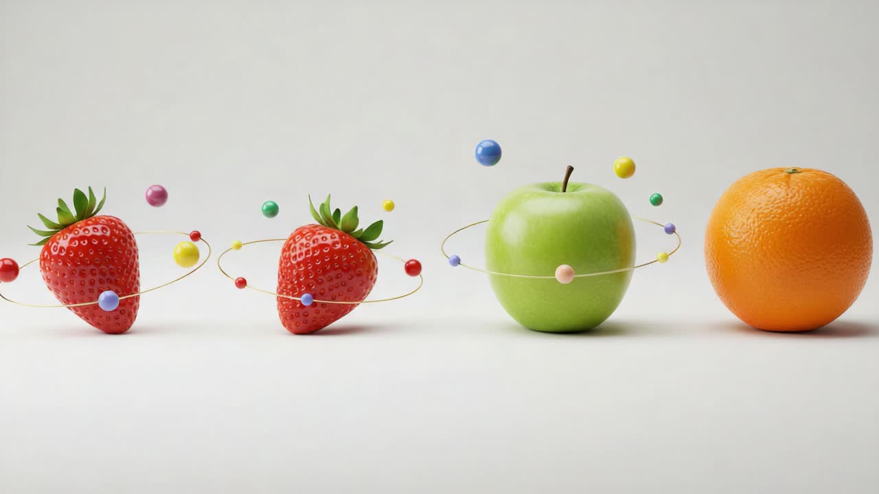 Een kleurrijke presentatie van vers fruit met aardbeien, groene appels en sinaasappels, met speelse zwevende elementen die een levendig fruitthema illustreren.