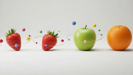 a colorful display of fresh fruits featuring strawberries, green apples, and oranges with playful orbiting elements illustrating a vibrant fruit theme