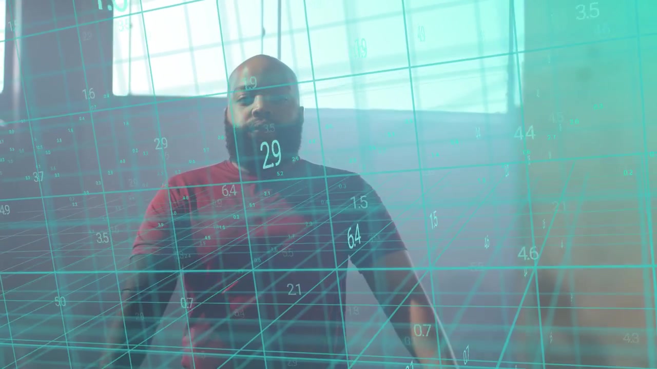Man glancing left uncrossing checking watch for time while teal 3D grid tracking motion technology