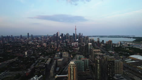 panoramic drone shot of niagara district and toronto skyline, sunrise in canada