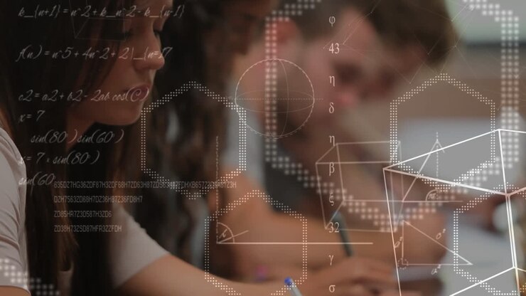 Students taking notes surrounded by mathematics symbols