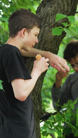dos amigos comiendo bocadillos mientras están de pie bajo un árbol en un entorno pacífico del bosque, los niños están disfrutando de un descanso, con el de la parte superior negra descansando su mano en el árbol rodeado de vegetación