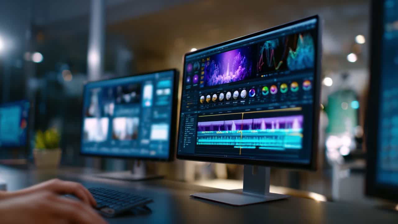 Workstation pengeditan dinamis yang menampilkan perangkat lunak Editor video canggih, menampilkan beberapa monitor yang menampilkan bentuk gelombang warna-warni dan penyesuaian garis waktu