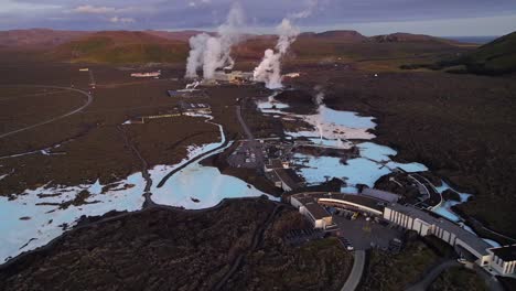 aerial panoramic view of blue lagoon geothermal area at sunset in reykjanes peninsula, iceland