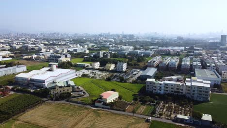 a sprawling suburban landscape with mixed residential and industrial areas, clear sky, aerial view