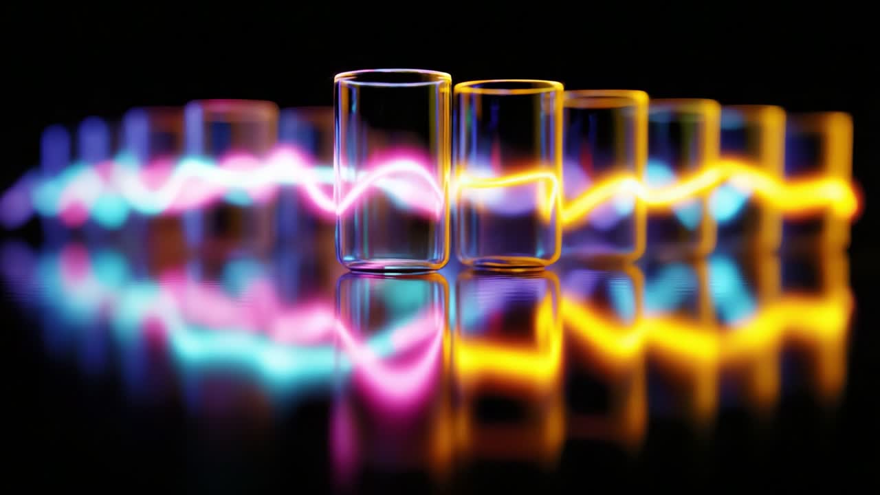 An Artistic Display of Colorful Light Waves and Transparent Cylinders Reflecting in a Dark Setting, Capturing the Dynamic Interaction Between Light and Form in a Beautifully Composed Visual Arrangement