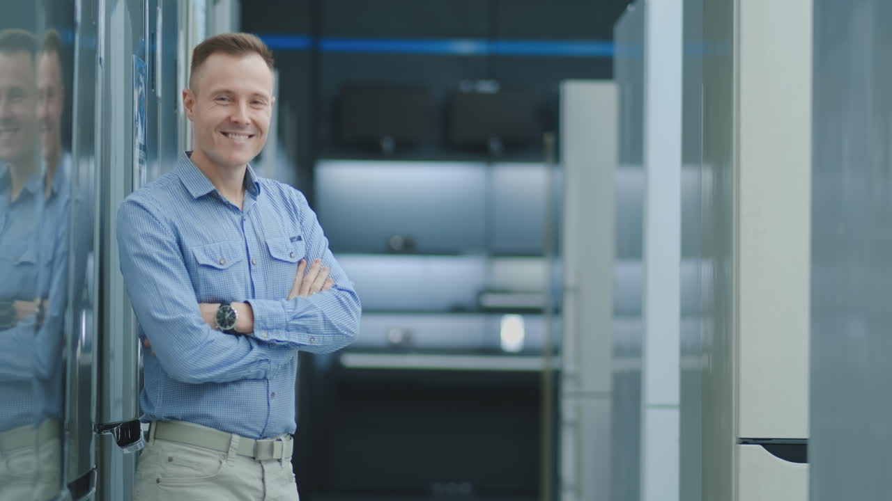Portrait of a Professional Expert Consultant Smiles and Looks into Camera as Stands in the Bright, Modern Electronics Store Full of Latest Models of TV Sets, Refrigerator, Cameras, Tablets and other Devices.