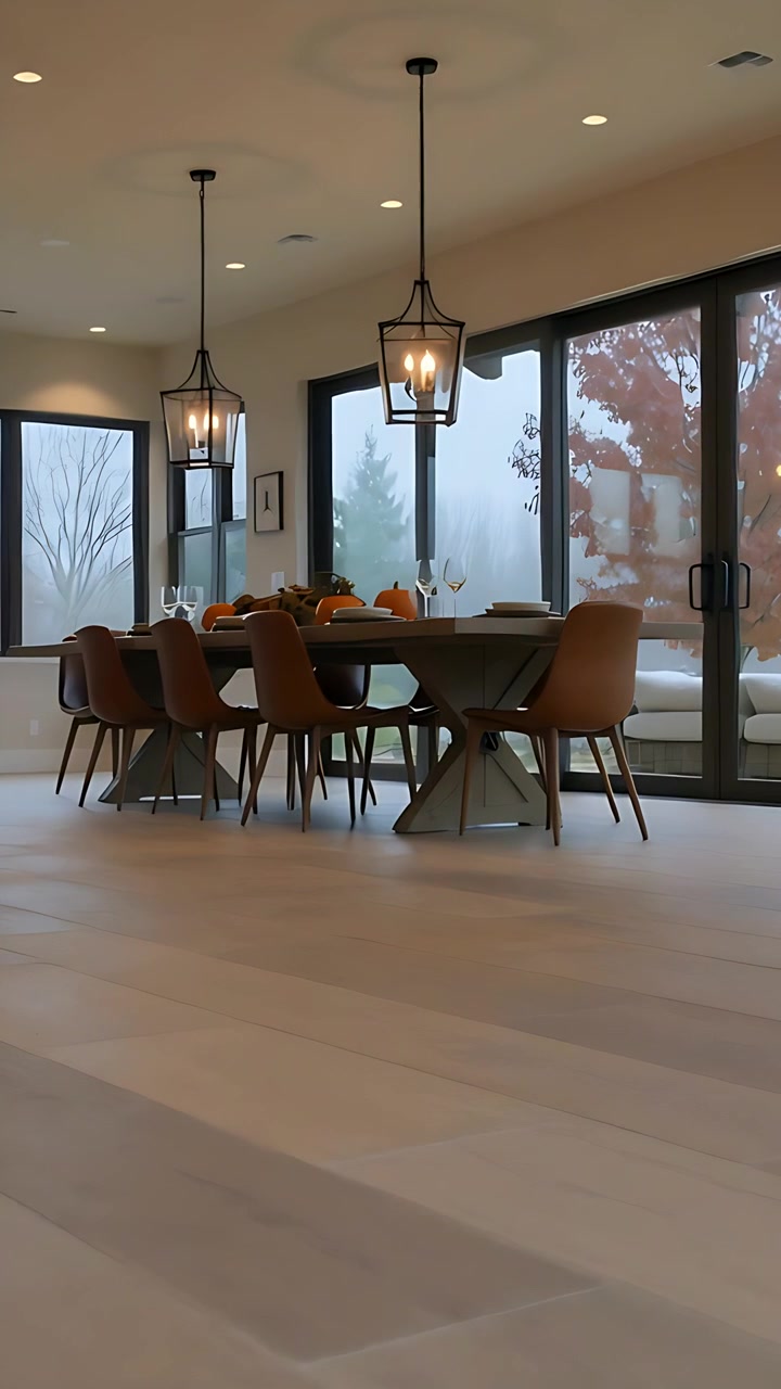 Vertical video: Panning camera starting reveal at modern dining area, showcasing autumn centerpiece