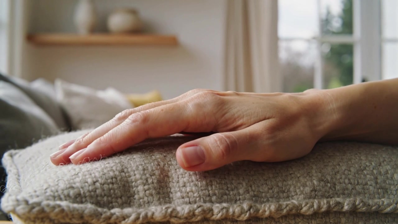 Hovering fingers starting contact, right hand lowering, flattening knit cushion near window light