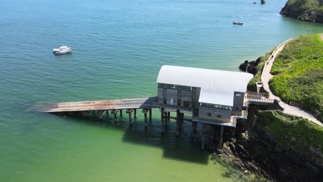 Lifeboat-Station-house-Tenby-Pembrokeshire,-Wales,-Aerial-4K-footage