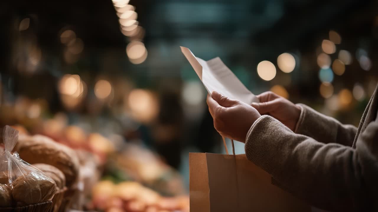 A shopper carefully examines a receipt while holding a paper bag in a bustling market filled with colorful produce and warm ambient lights, capturing the essence of everyday shopping experiences