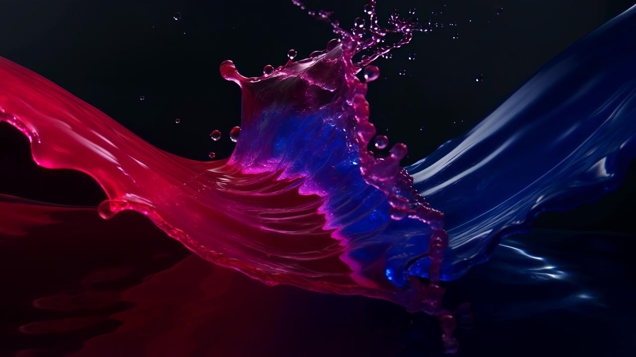 Flussi opposti cremisi e blu intenso si incontrano su una superficie scura riflettente, formando una vivida cresta centrale mentre le goccioline si disperdono verso l'alto e toni viola sfumati si diffondono attraverso lo schizzo.