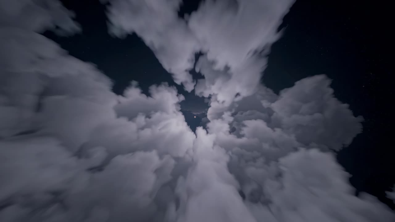 Aerial video of dramatic storm clouds forming a circular opening, shot from a low angle