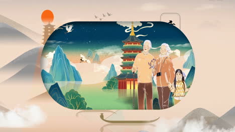 가족 평화로운 환상 자연 풍경, 만화 또는 애니메이션 수채화 디지털 그림 일러스트 스타일, 신비한 풍경 중국의 전통 동양 디지털 예술 애니메이션
