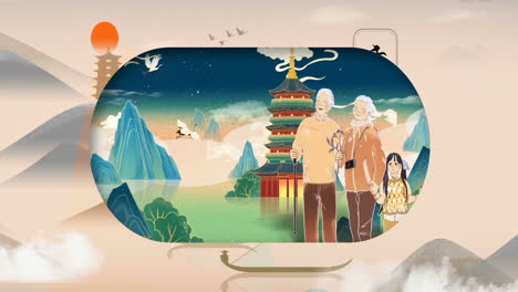 family peaceful fantasy nature landscape, cartoon or anime watercolor digital painting illustration style, mysterious landscapes china's traditional oriental digital art animation