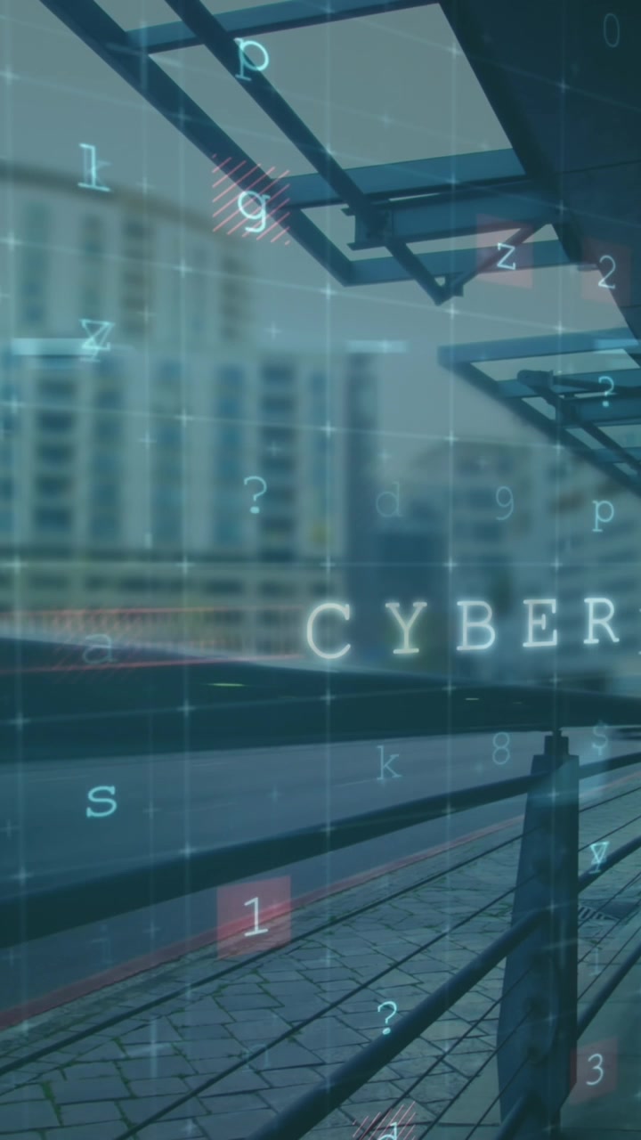 Animation of cyber security data processing against time-lapse of city traffic