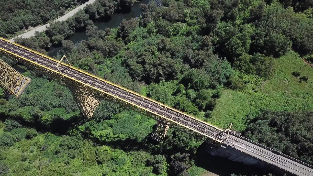 Birds Eye Aerial View of Malleco Viaduct, River and Green Canyon. Old Railway Bridge and Landmark of Chile