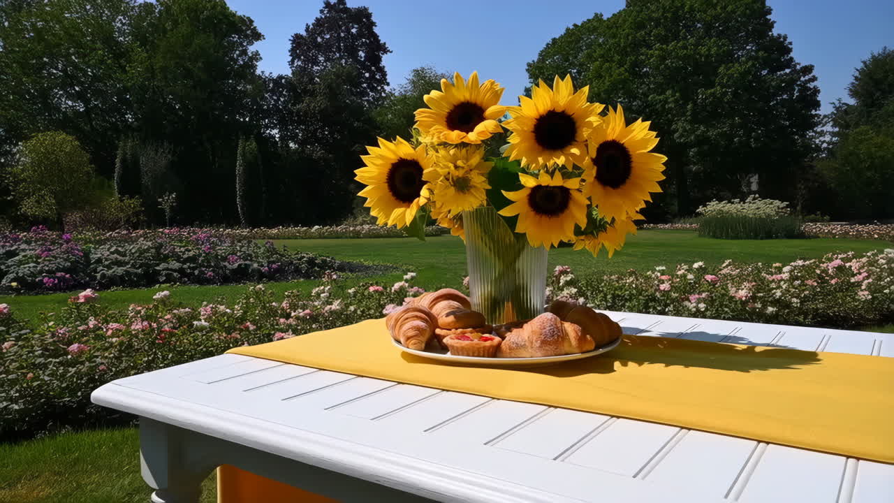 Breakfast in a Sunny Garden with Sunflowers and Croissants