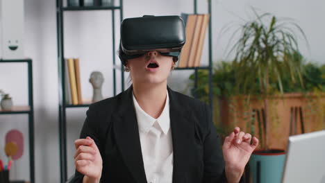 business woman using virtual reality futuristic technology vr app headset to simulation 3d video