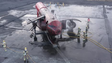 Bomberos-Durante-El-Entrenamiento-Sacando-Gente-Ficticia-Del-Avión,-Aéreo