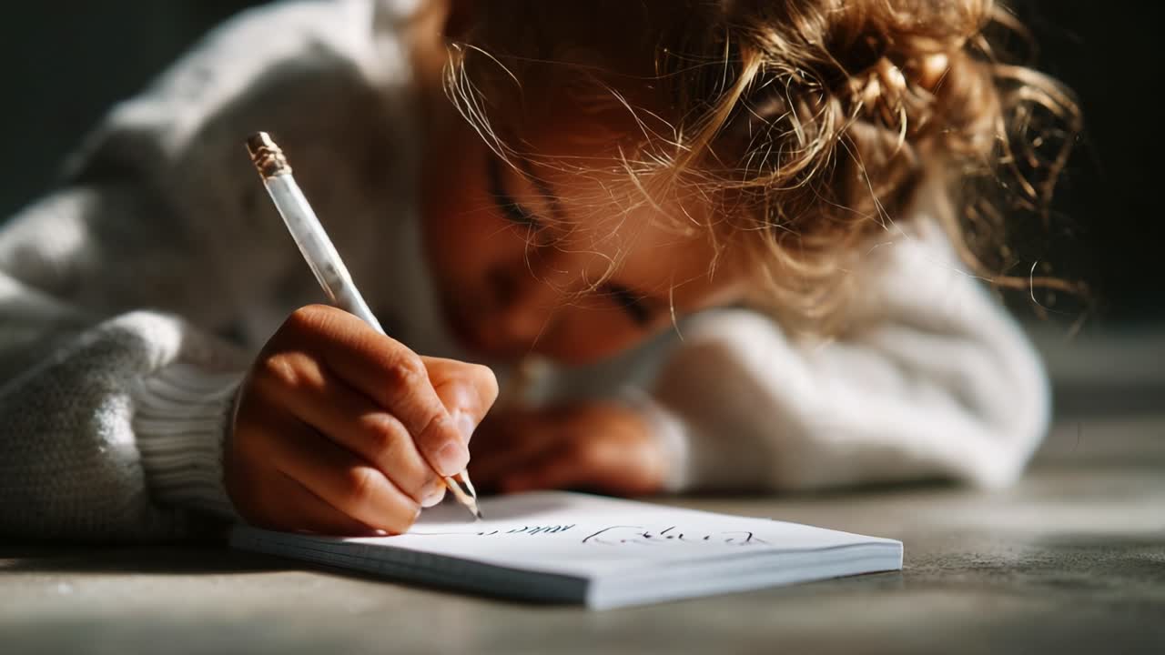 A Young Child Thoughtfully Engaged in Writing in a Notebook, Capturing the Joy of Creativity and Expression in a Warm, Artistic Environment with Soft Lighting