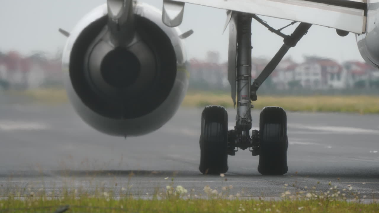 Close-up of aircraft landing gear and wheels on runway, highlighting mechanical design and aviation engineering in action