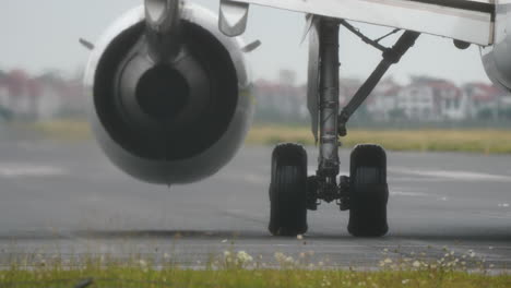 close-up of aircraft landing gear and wheels on runway, highlighting mechanical design and aviation engineering in action