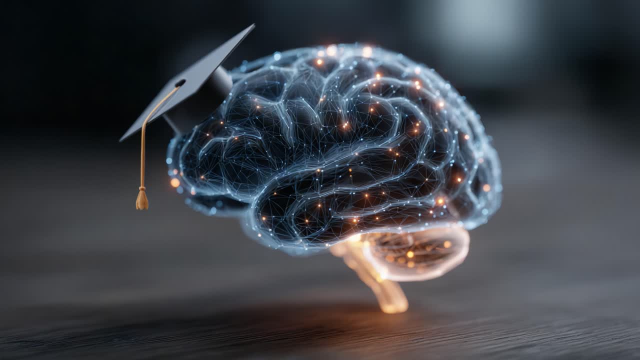 A Stunning Visualization of a Brain Donning a Graduation Cap, Symbolizing Intelligence, Learning, and the Pursuit of Knowledge in an Abstract Digital Realm